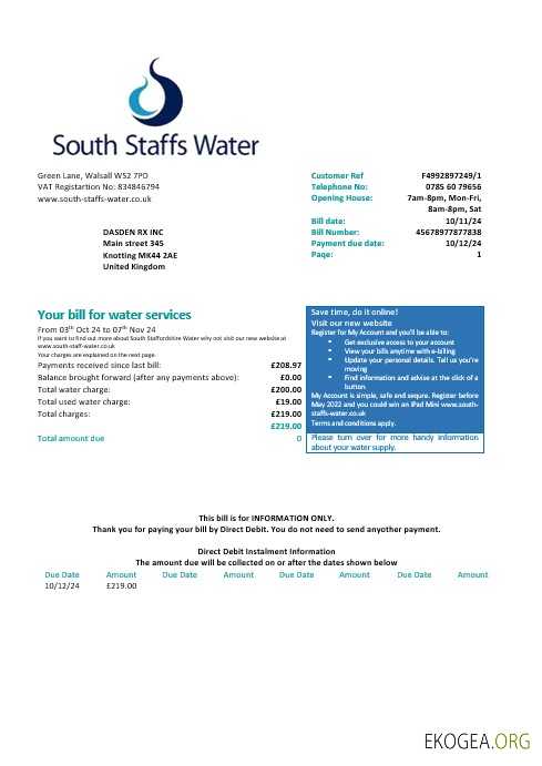 Royaume Uni South Staffs Water Facture de distribution d'eau Formats Word et PDF, version 2